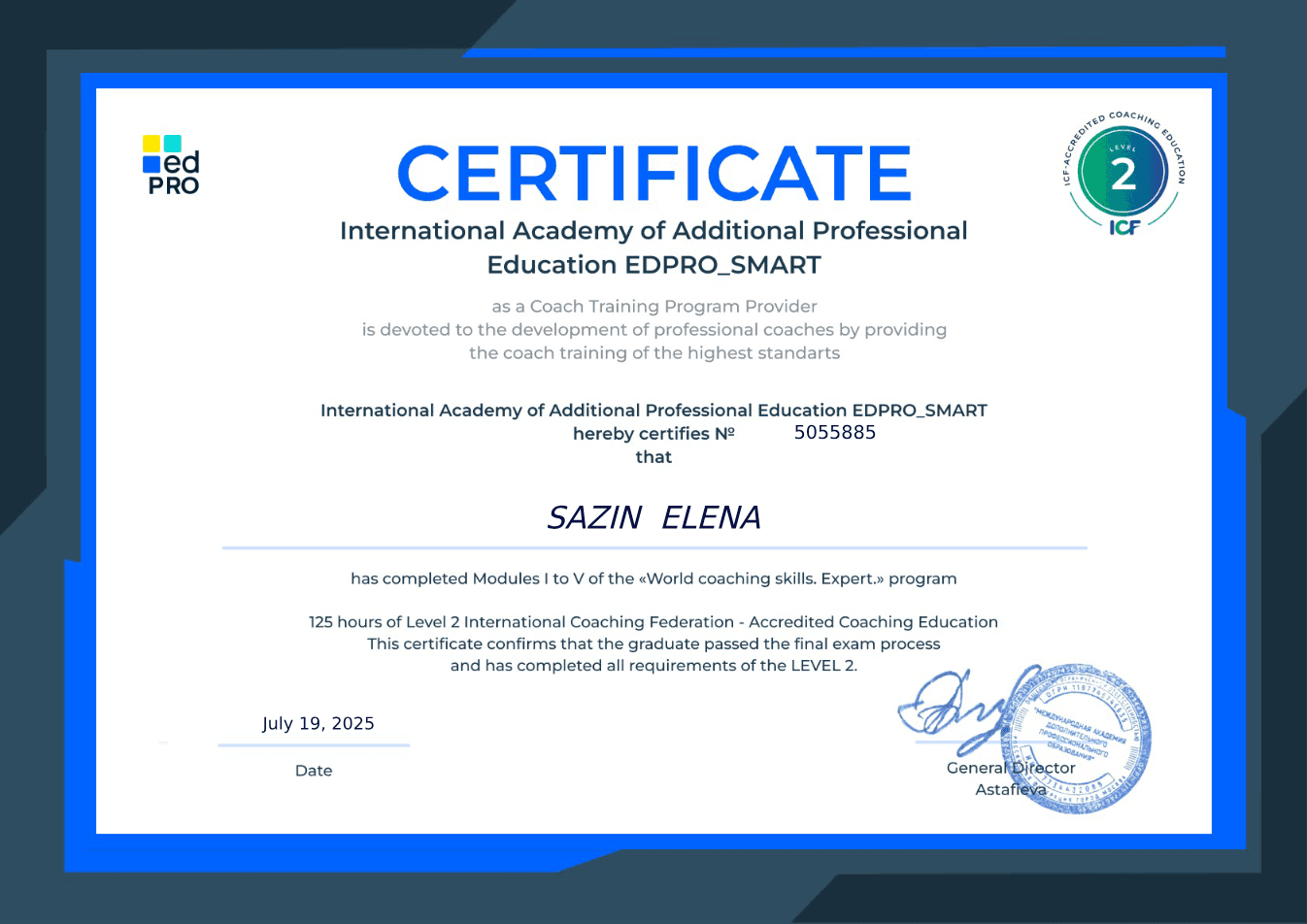 Certificat de coaching ICF Level 2, programul World Coaching Skills Expert, eliberat pentru Elena Sazin